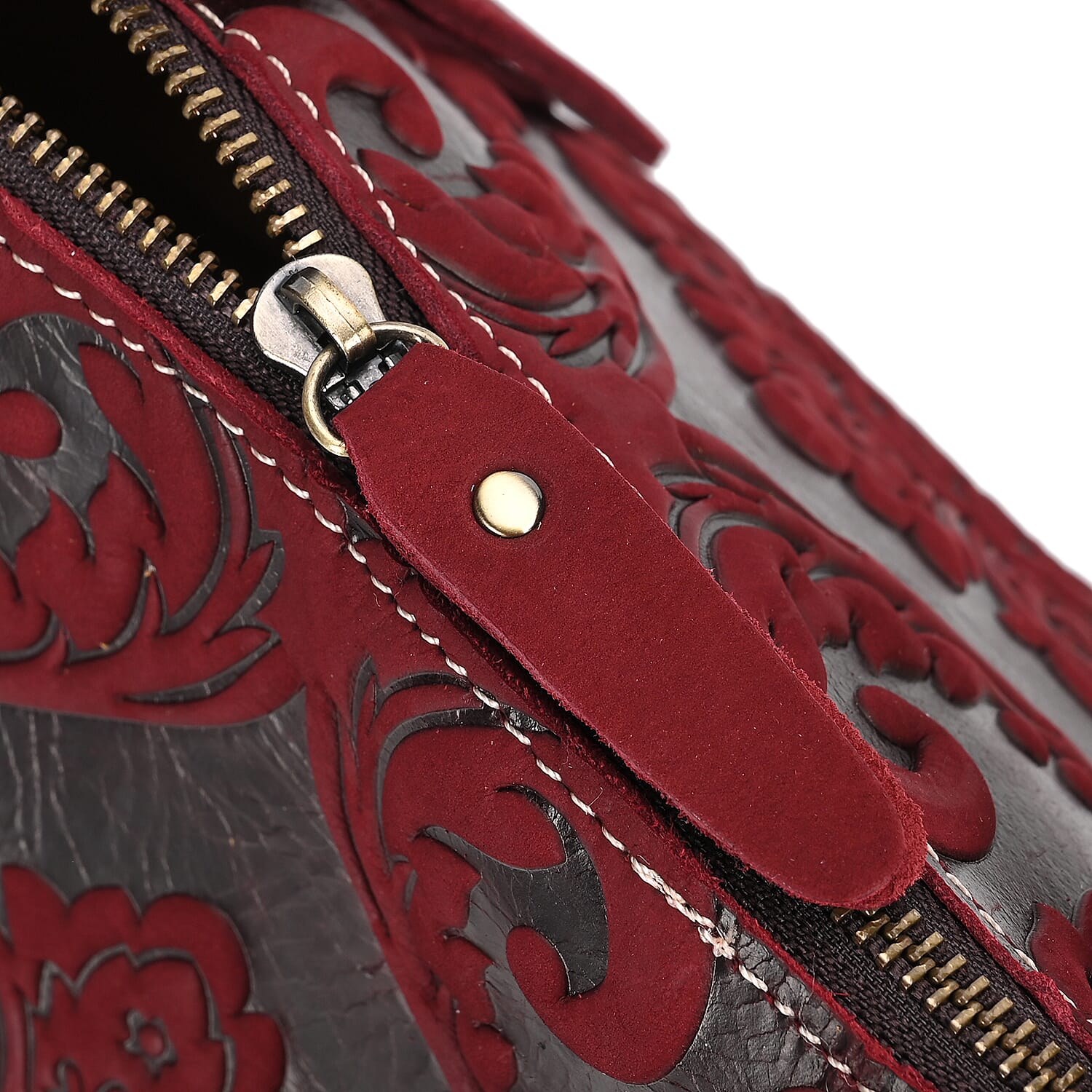Vintage Boutique - Floral Embossed Genuine Leather Tote Bag With Long Shoulder Strap - Burgundy