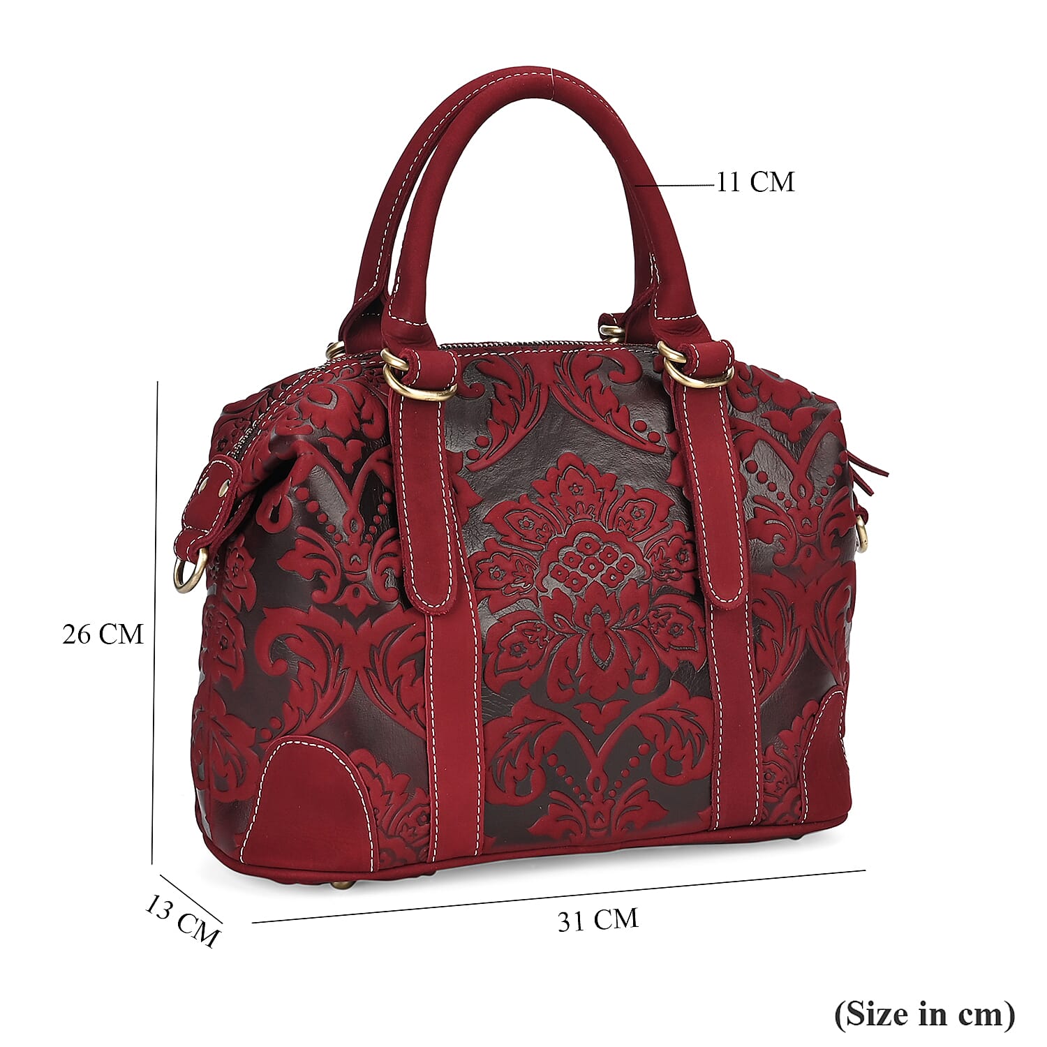 Vintage Boutique - Floral Embossed Genuine Leather Tote Bag With Long Shoulder Strap - Burgundy