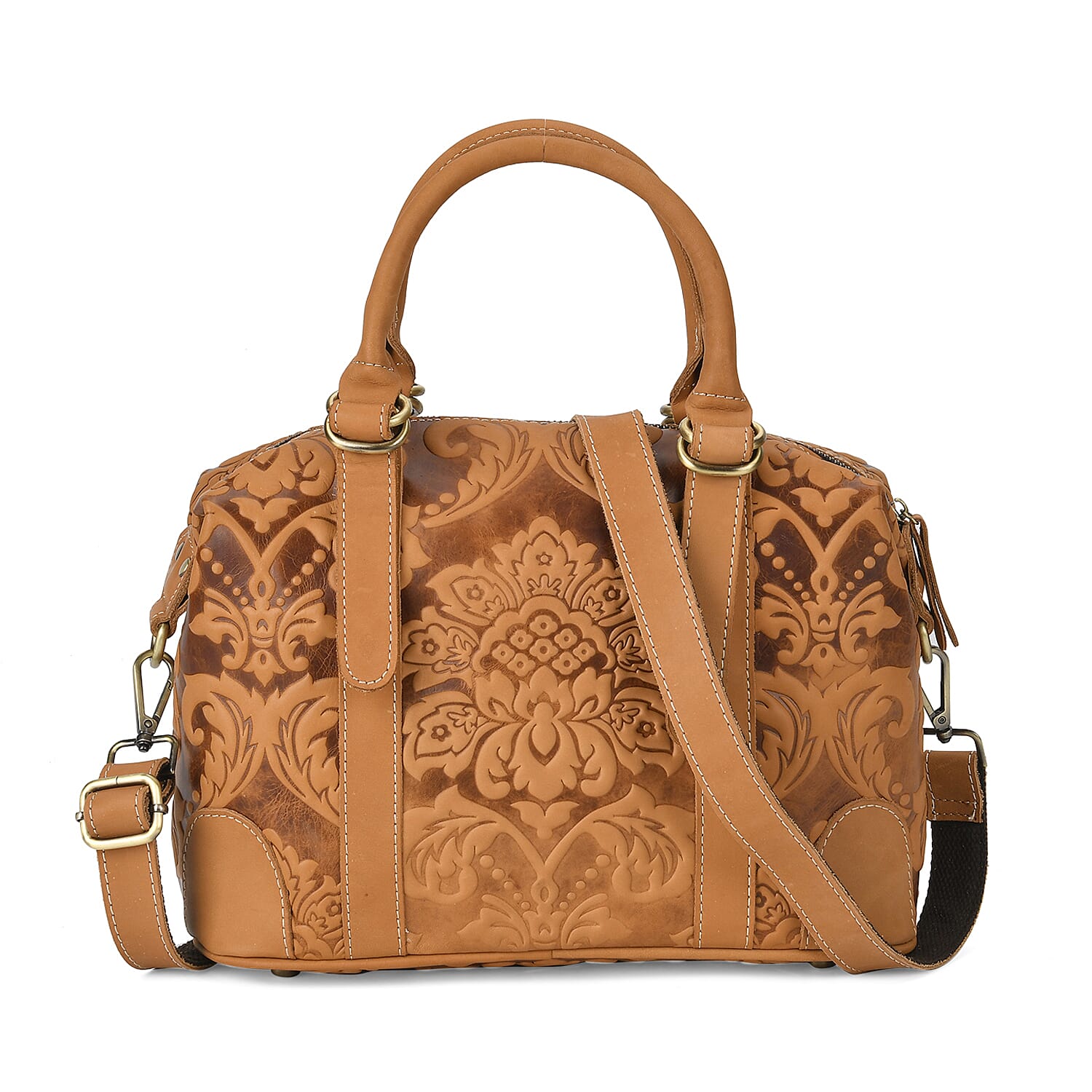 Vintage Boutique - Floral Embossed Genuine Leather Tote Bag With Long Shoulder Strap - Tan