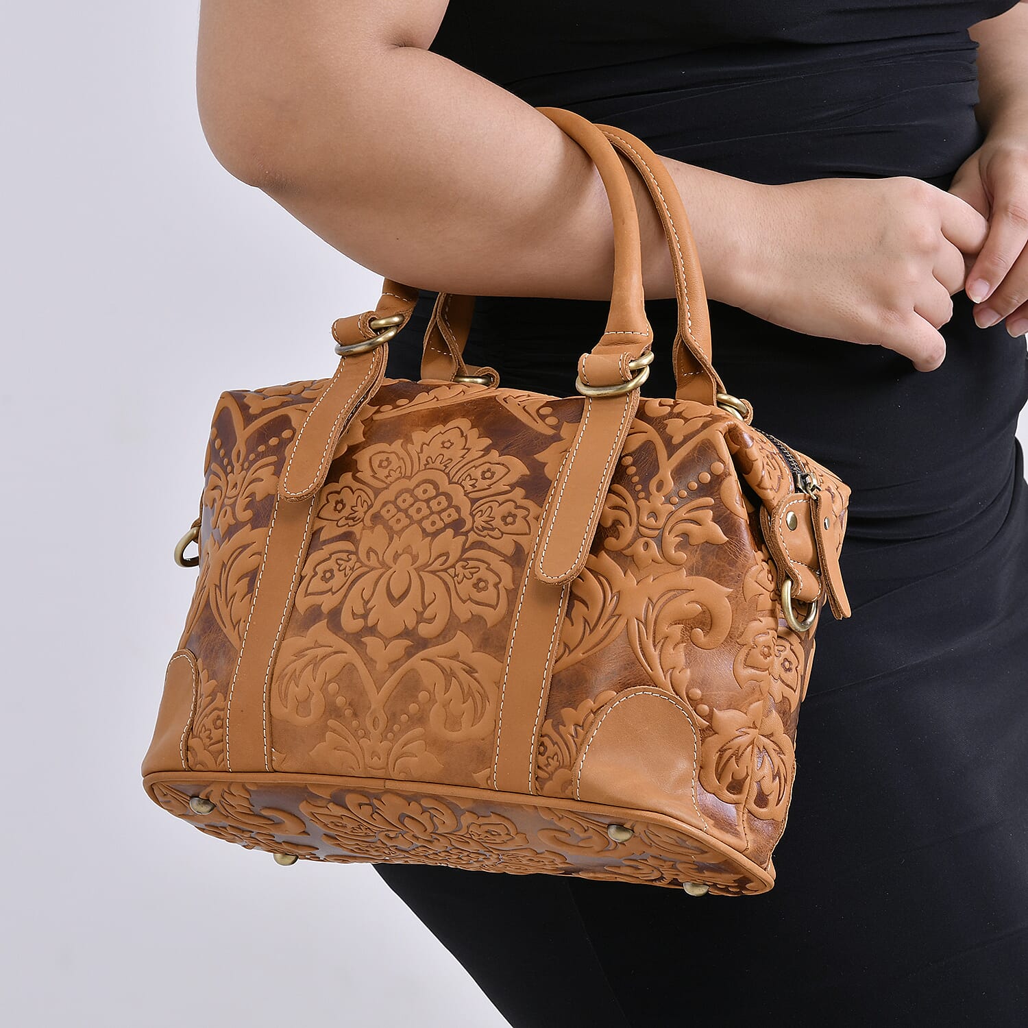 Vintage Boutique - Floral Embossed Genuine Leather Tote Bag With Long Shoulder Strap - Tan