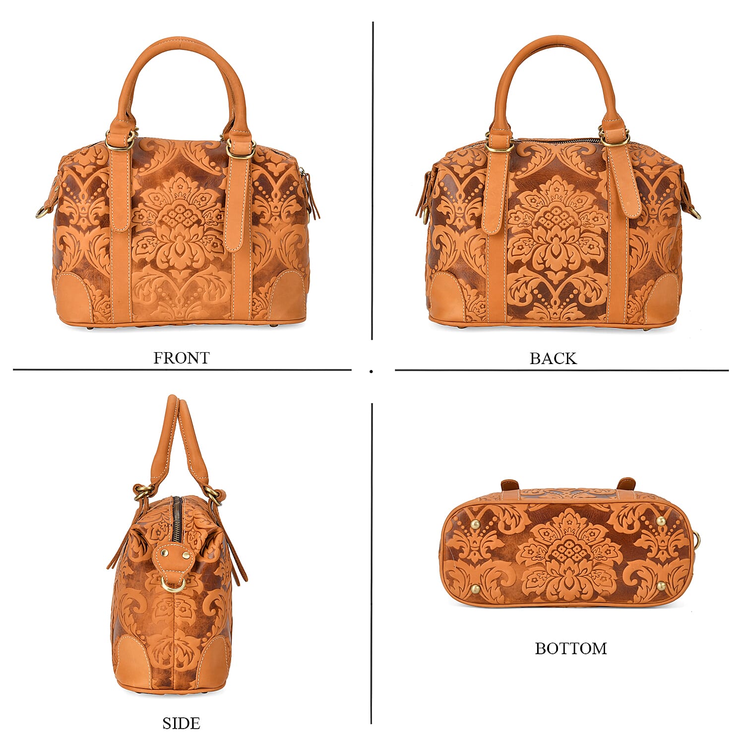 Vintage Boutique - Floral Embossed Genuine Leather Tote Bag With Long Shoulder Strap - Tan