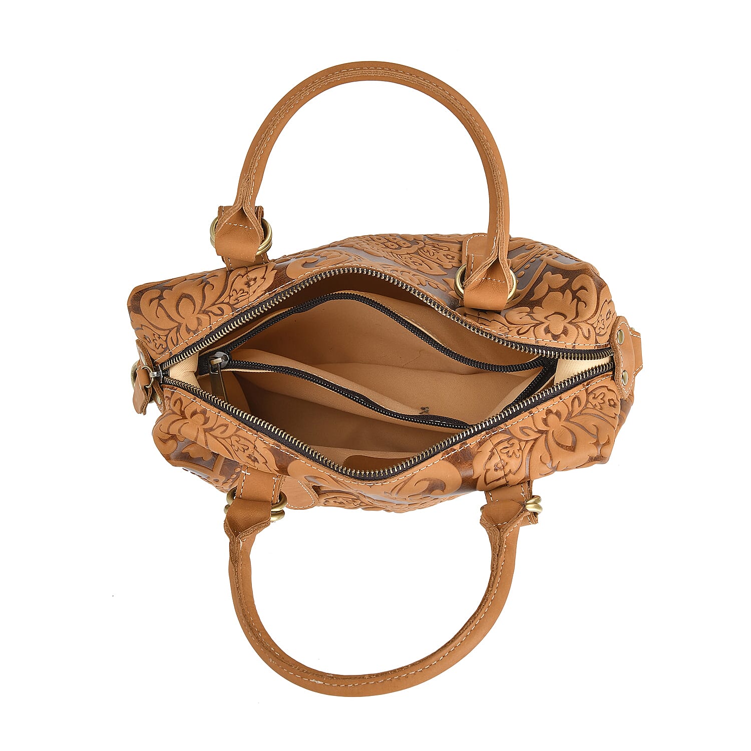 Vintage Boutique - Floral Embossed Genuine Leather Tote Bag With Long Shoulder Strap - Tan