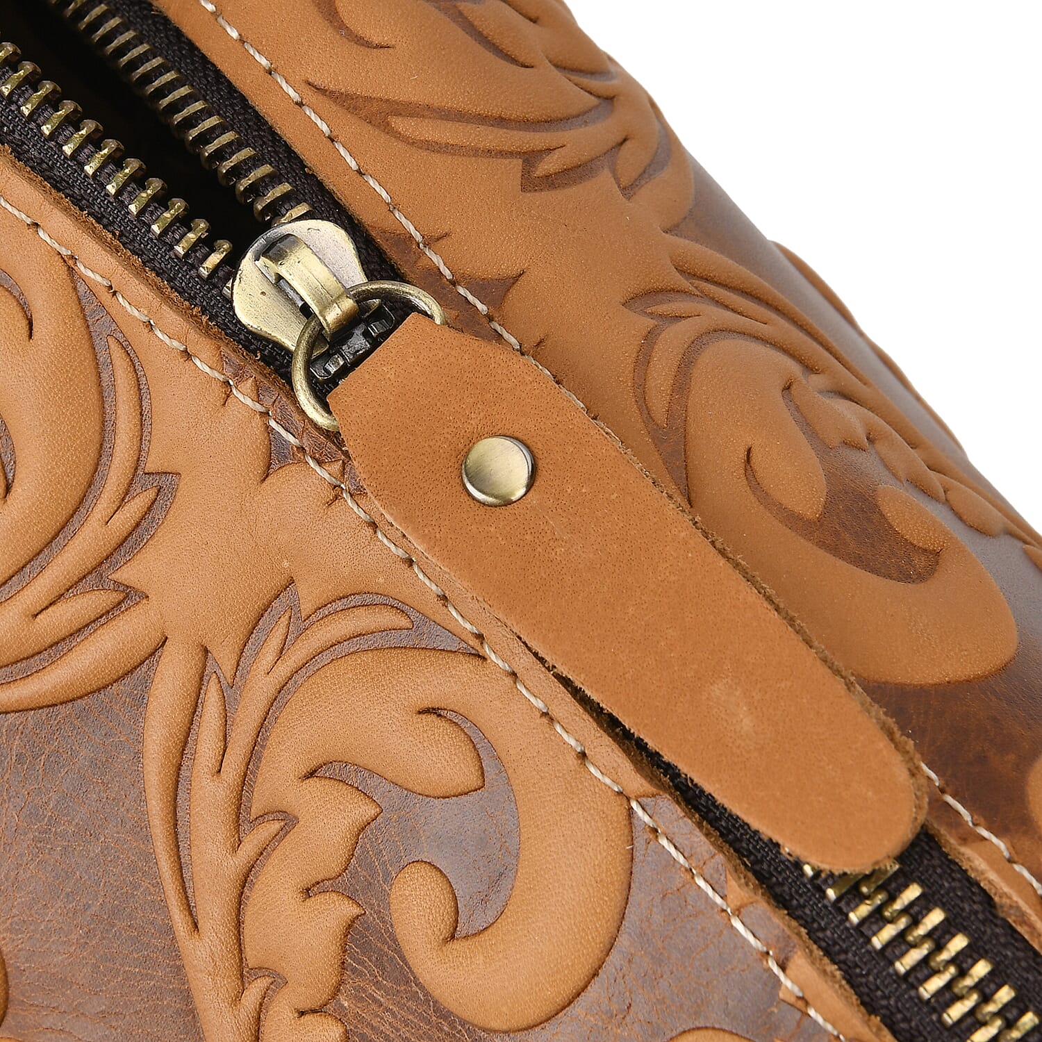 Vintage Boutique - Floral Embossed Genuine Leather Tote Bag With Long Shoulder Strap - Tan