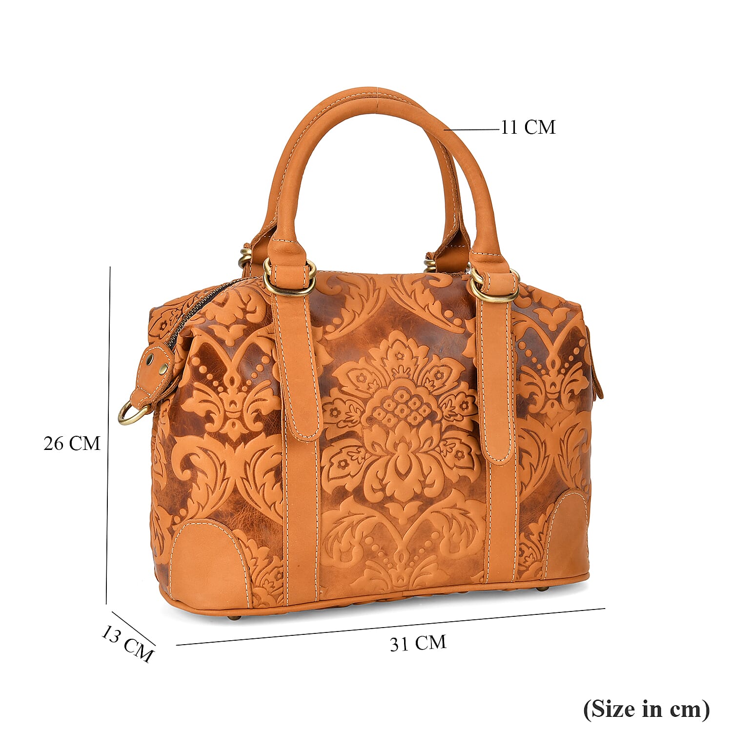 Vintage Boutique - Floral Embossed Genuine Leather Tote Bag With Long Shoulder Strap - Tan