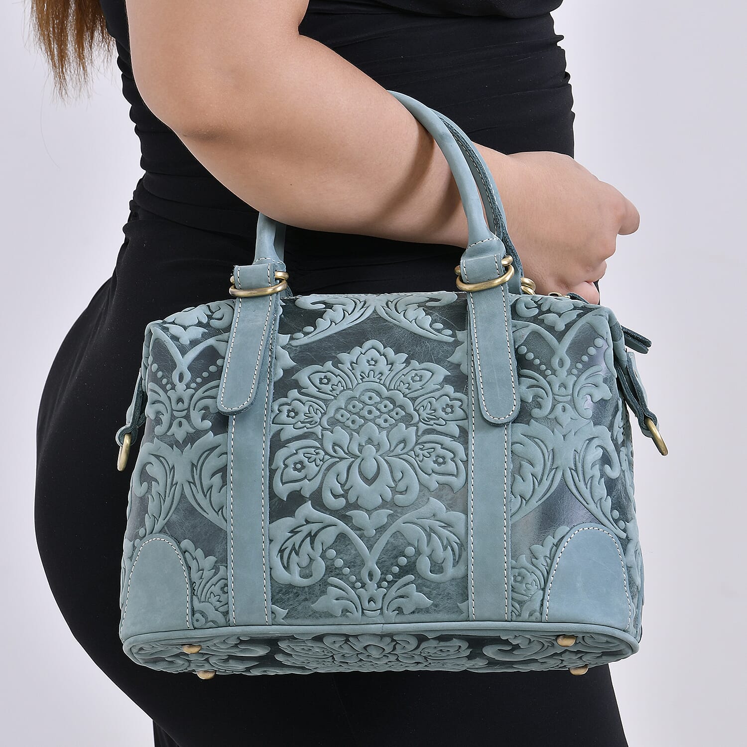 Vintage Boutique - Floral Embossed Genuine Leather Tote Bag With Long Shoulder Strap - Mint