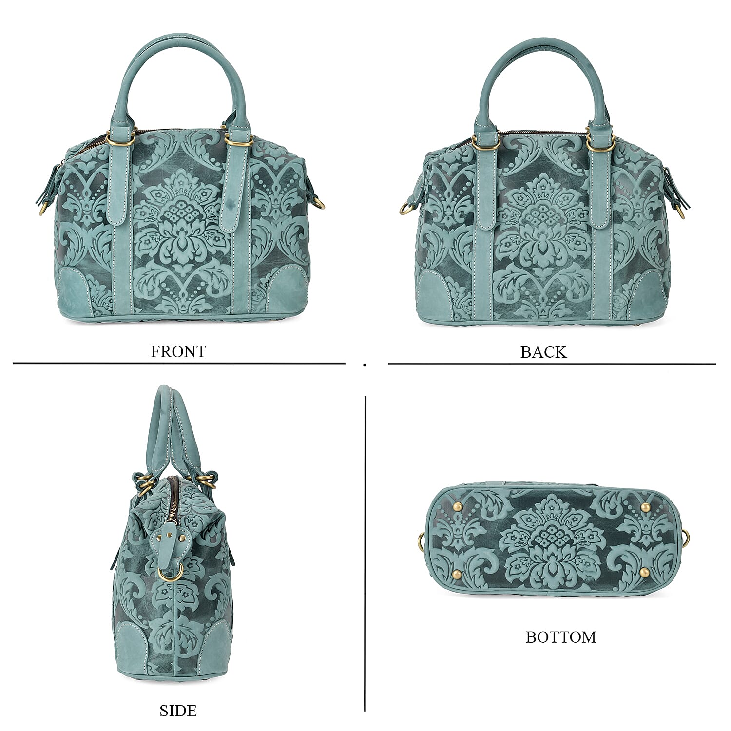 Vintage Boutique - Floral Embossed Genuine Leather Tote Bag With Long Shoulder Strap - Mint