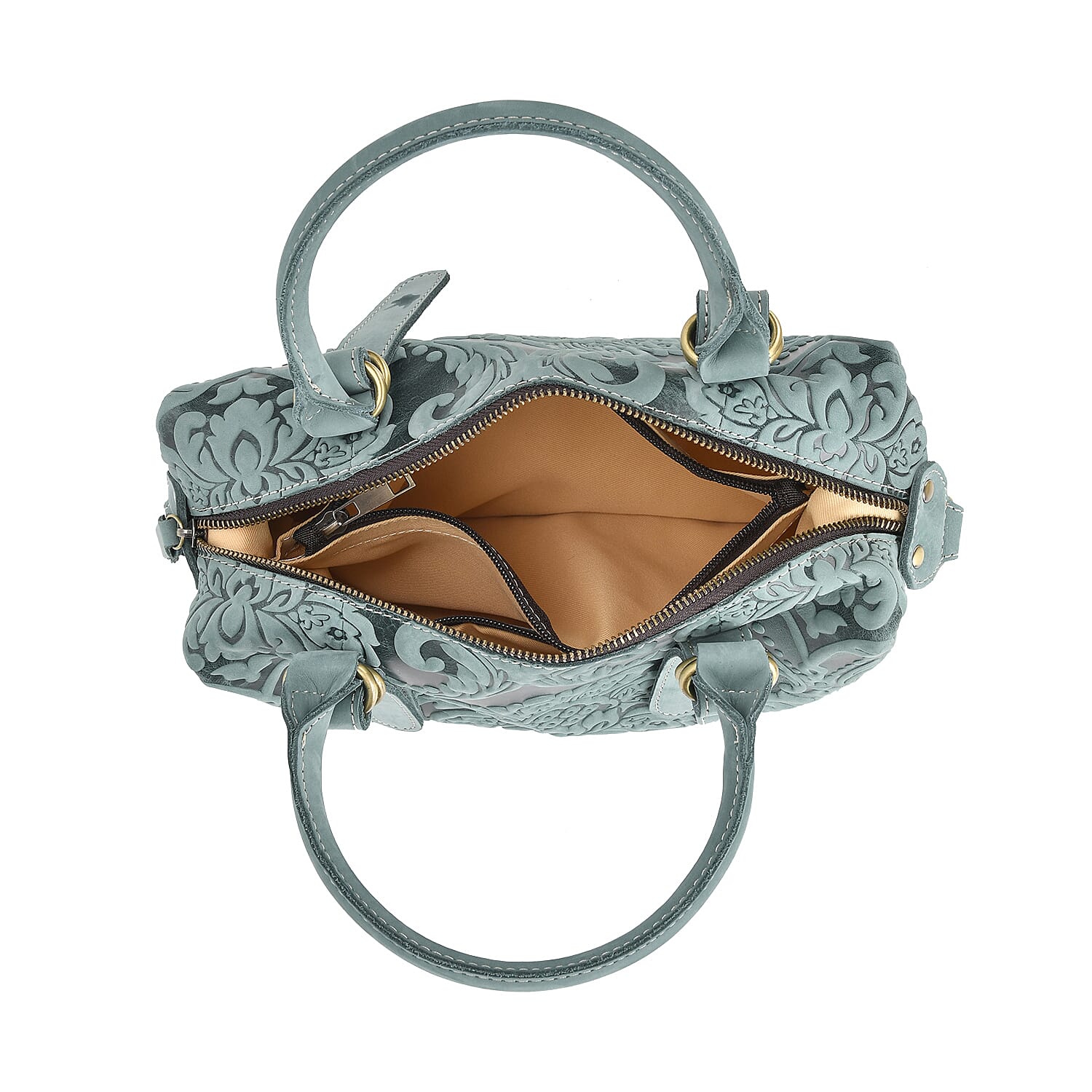 Vintage Boutique - Floral Embossed Genuine Leather Tote Bag With Long Shoulder Strap - Mint