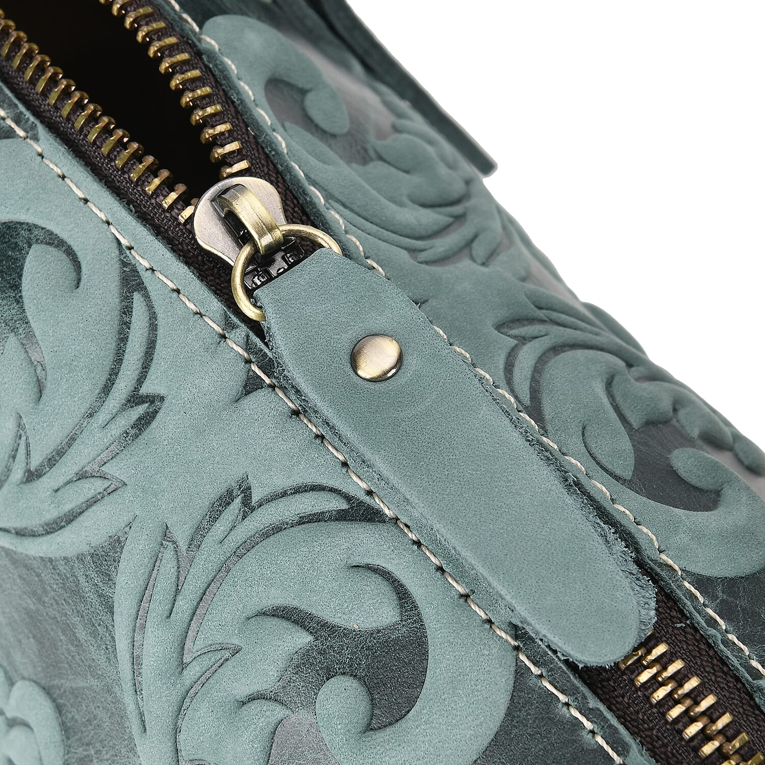 Vintage Boutique - Floral Embossed Genuine Leather Tote Bag With Long Shoulder Strap - Mint