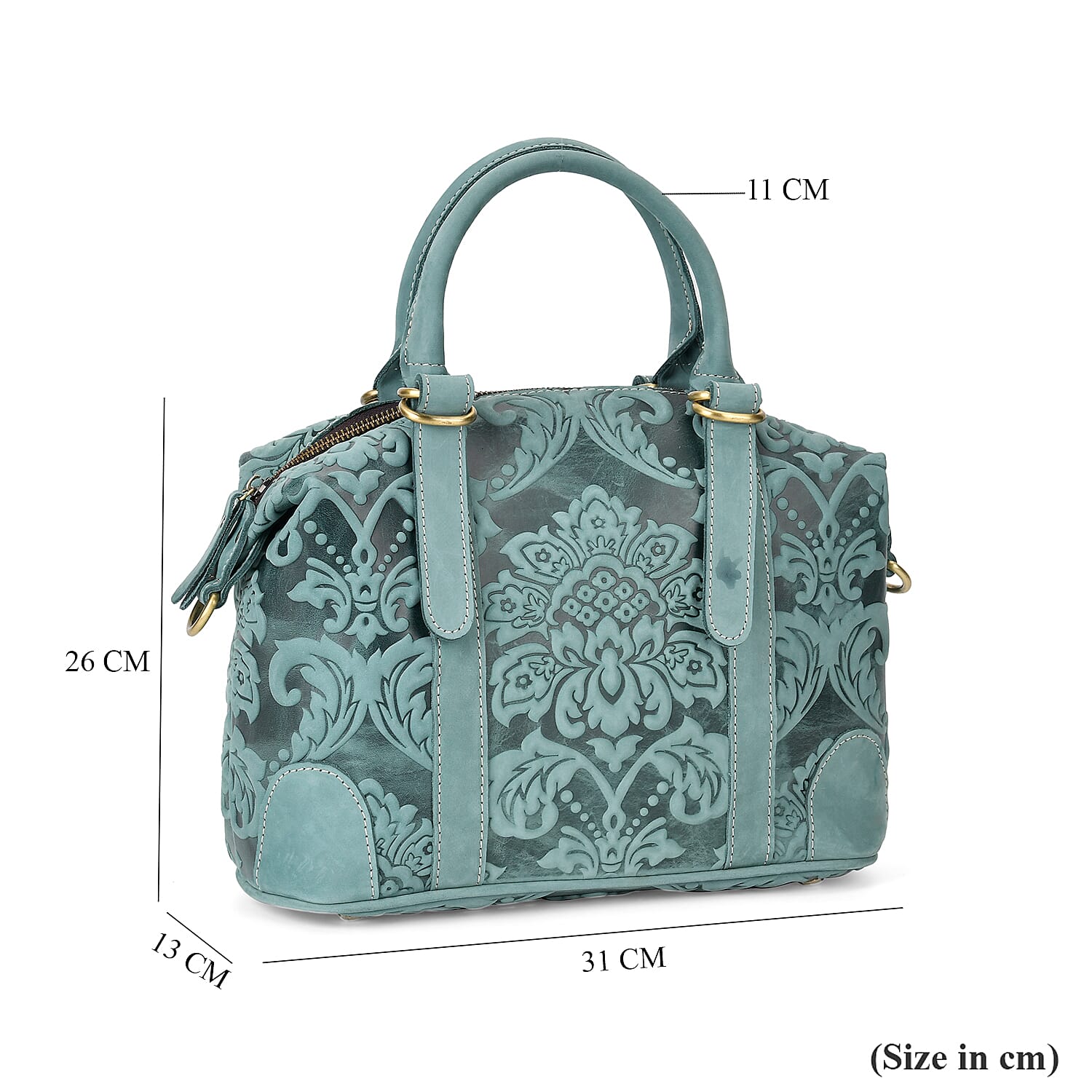 Vintage Boutique - Floral Embossed Genuine Leather Tote Bag With Long Shoulder Strap - Mint