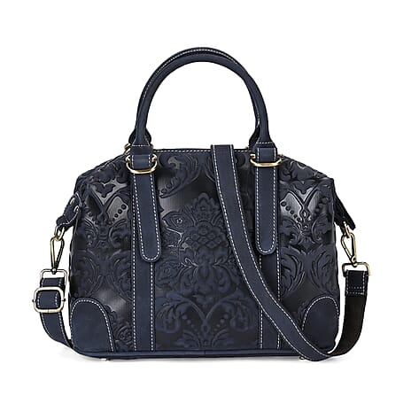 Vintage Boutique - Floral Embossed Genuine Leather Tote Bag With Long Shoulder Strap - Navy