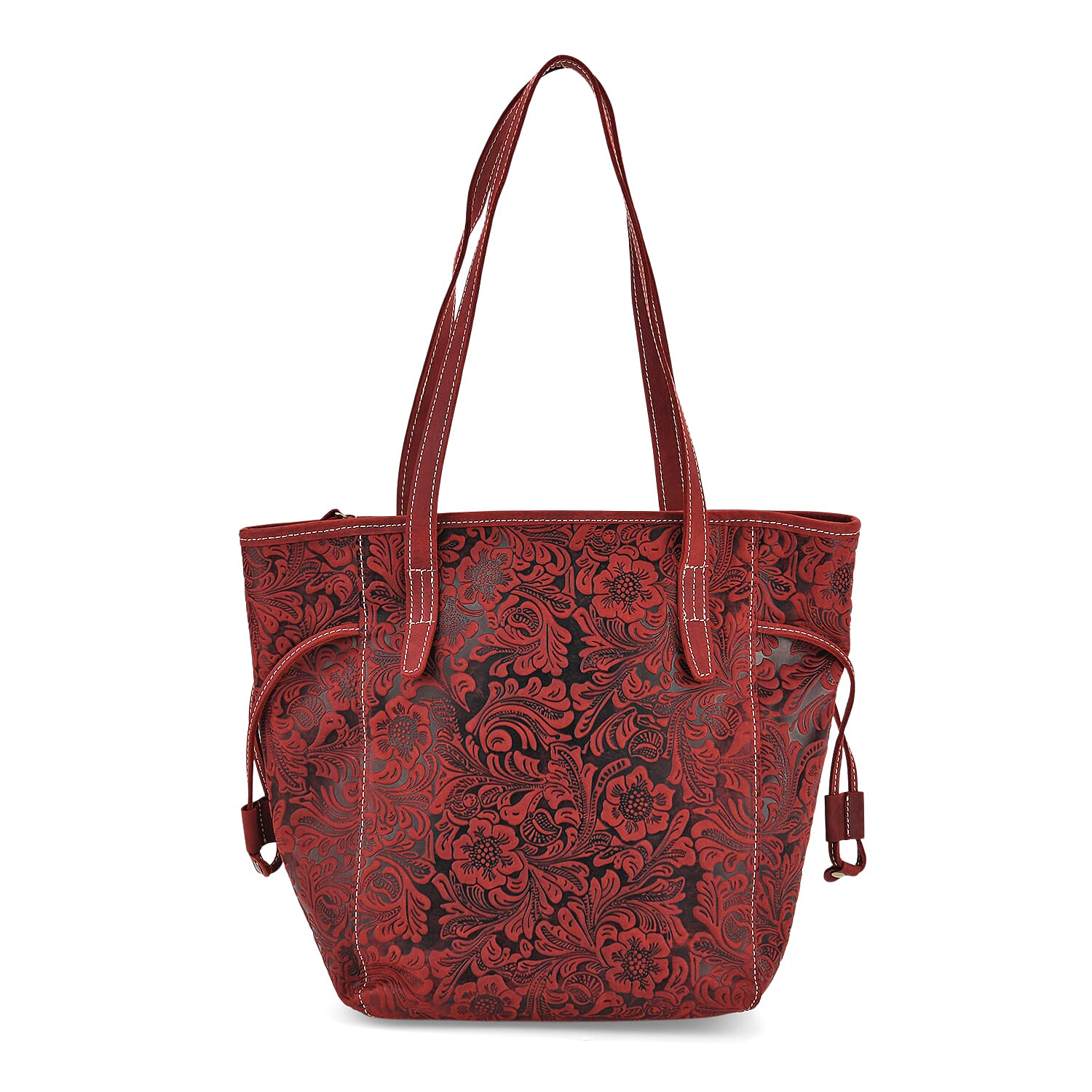 100% Geniune Leather Floral Embossed Tote Bag - Burgundy