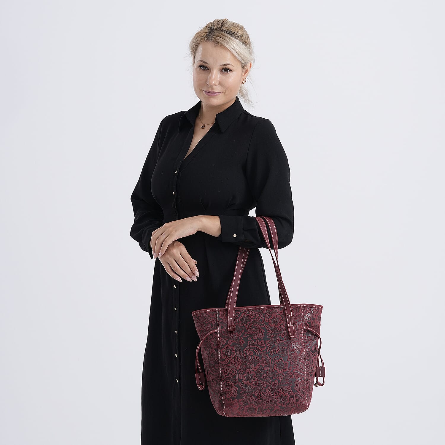 100% Geniune Leather Floral Embossed Tote Bag - Burgundy