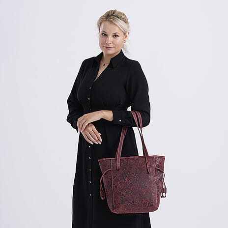 100% Geniune Leather Floral Embossed Tote Bag - Burgundy