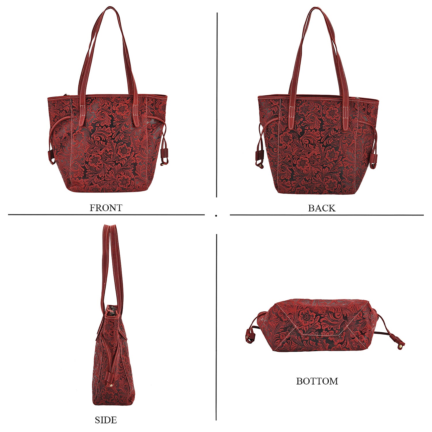 100% Geniune Leather Floral Embossed Tote Bag - Burgundy
