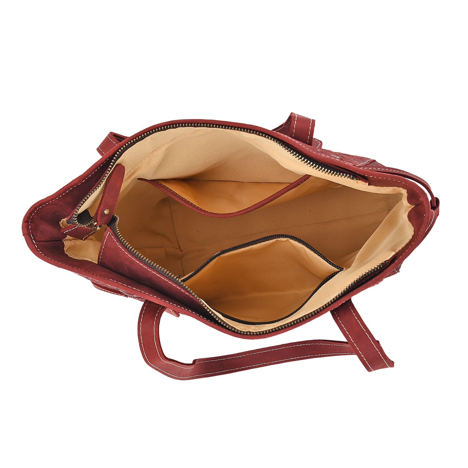 100% Geniune Leather Floral Embossed Tote Bag - Burgundy