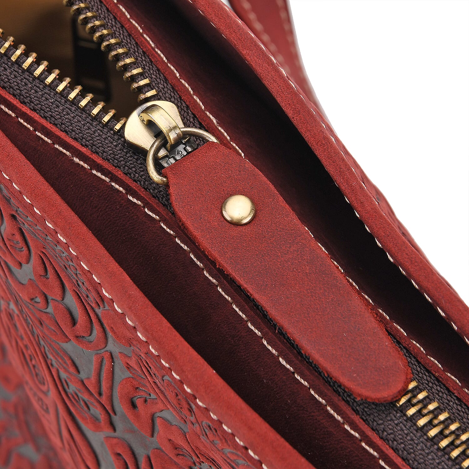 100% Geniune Leather Floral Embossed Tote Bag - Burgundy