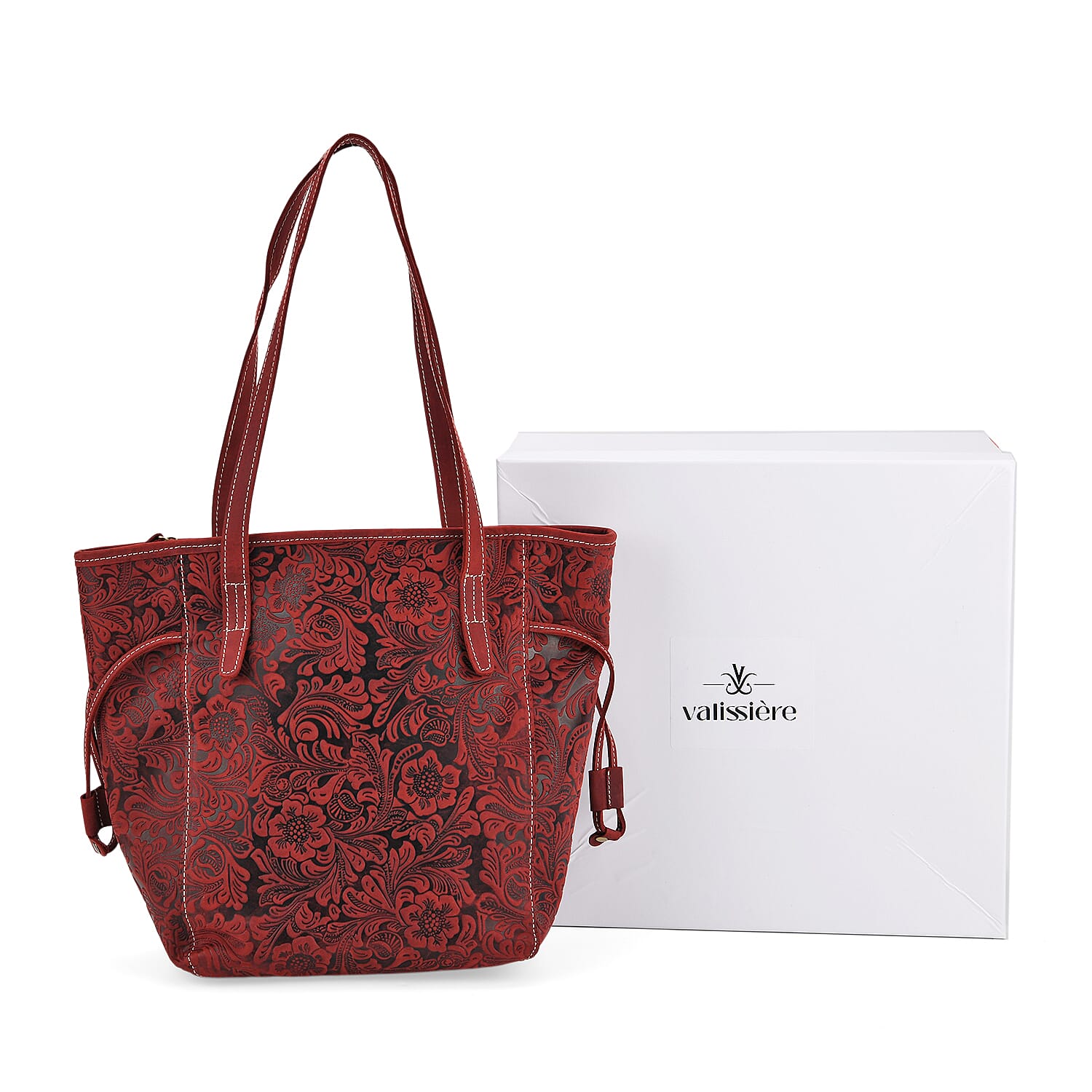 100% Geniune Leather Floral Embossed Tote Bag - Burgundy