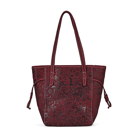 Genuine Leather Flower Tote Bag - Burgundy