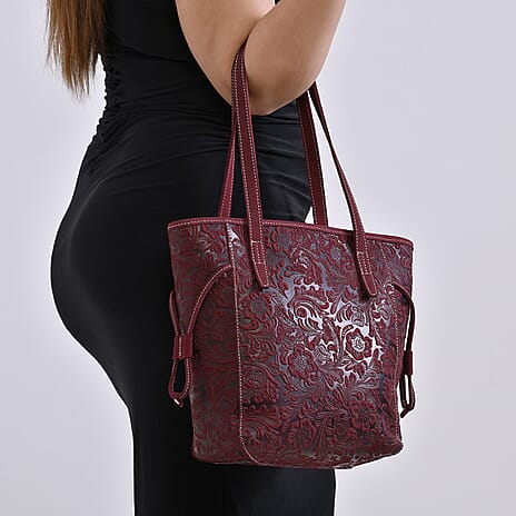 Genuine Leather Flower Tote Bag - Burgundy