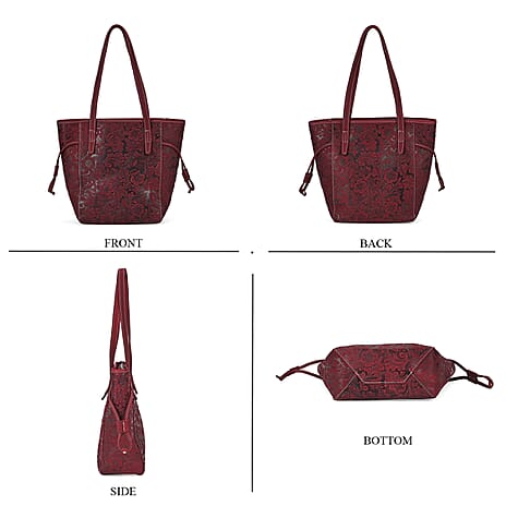 Genuine Leather Flower Tote Bag - Burgundy
