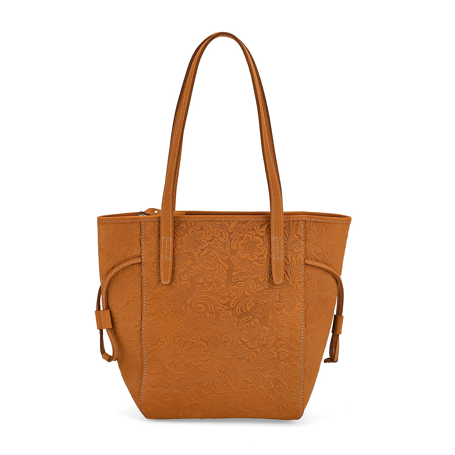 100% Geniune Leather Floral Embossed Tote Bag - Mustard