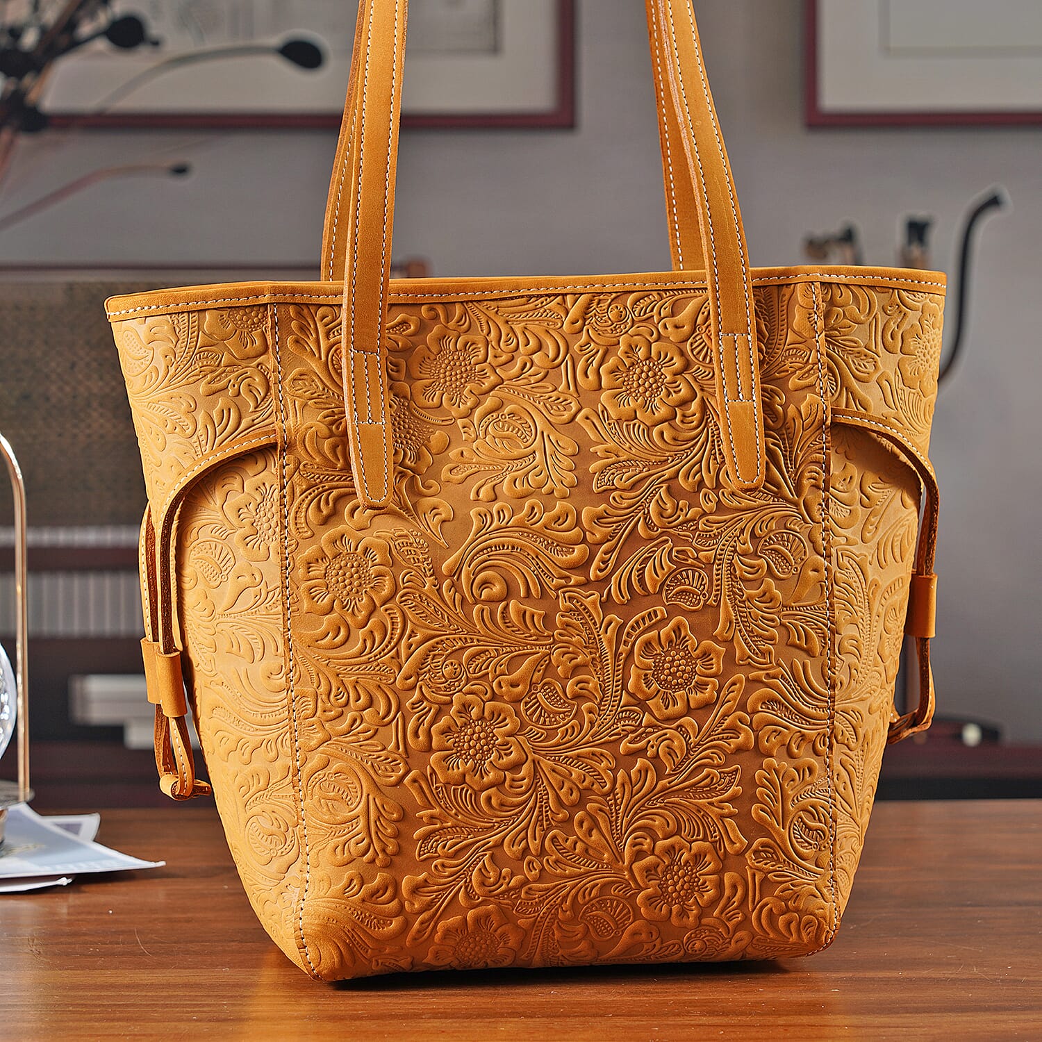 100% Geniune Leather Floral Embossed Tote Bag - Mustard