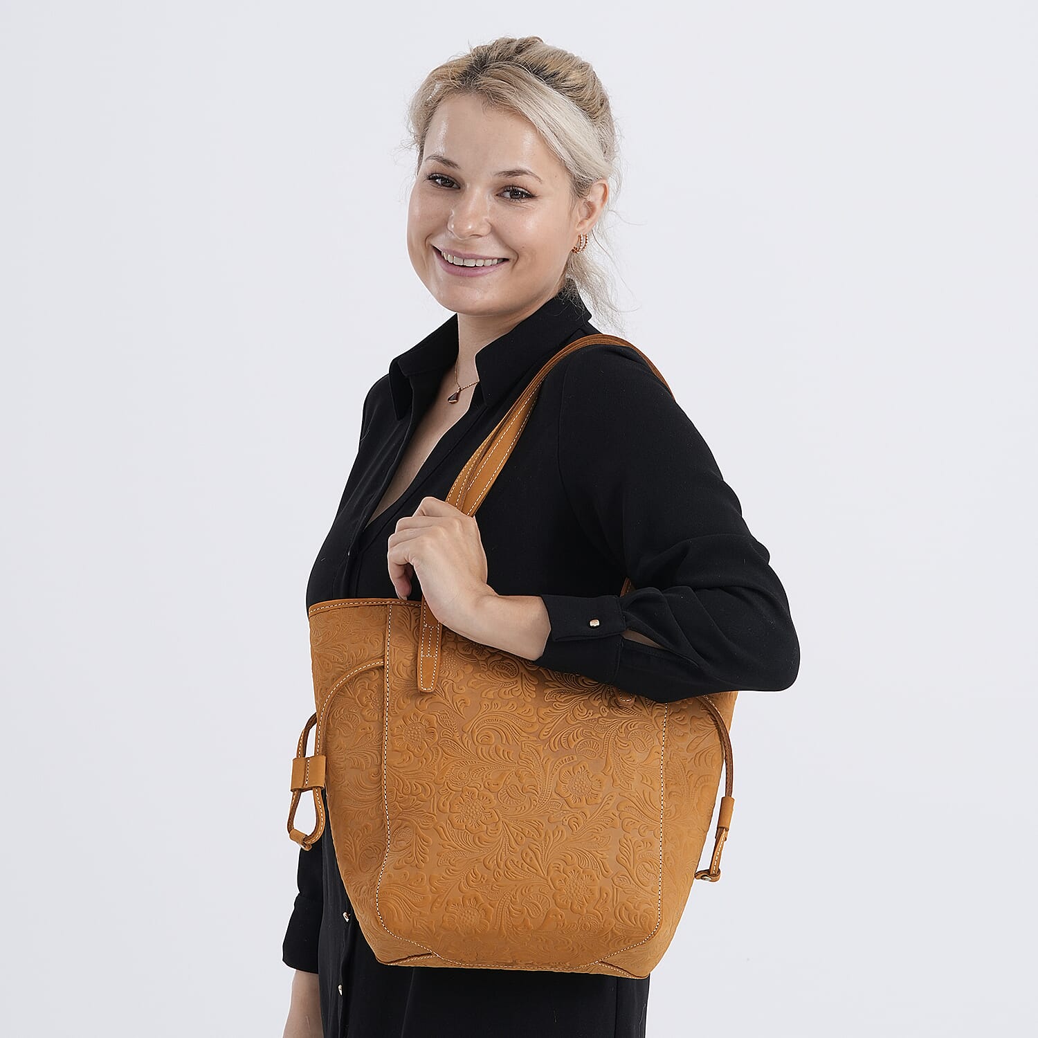 100% Geniune Leather Floral Embossed Tote Bag - Mustard