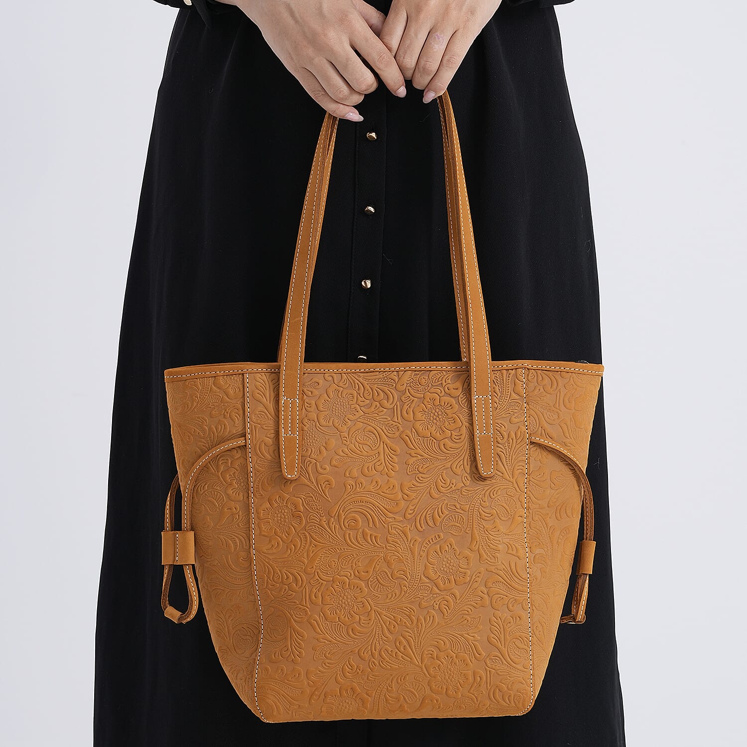100% Geniune Leather Floral Embossed Tote Bag - Mustard