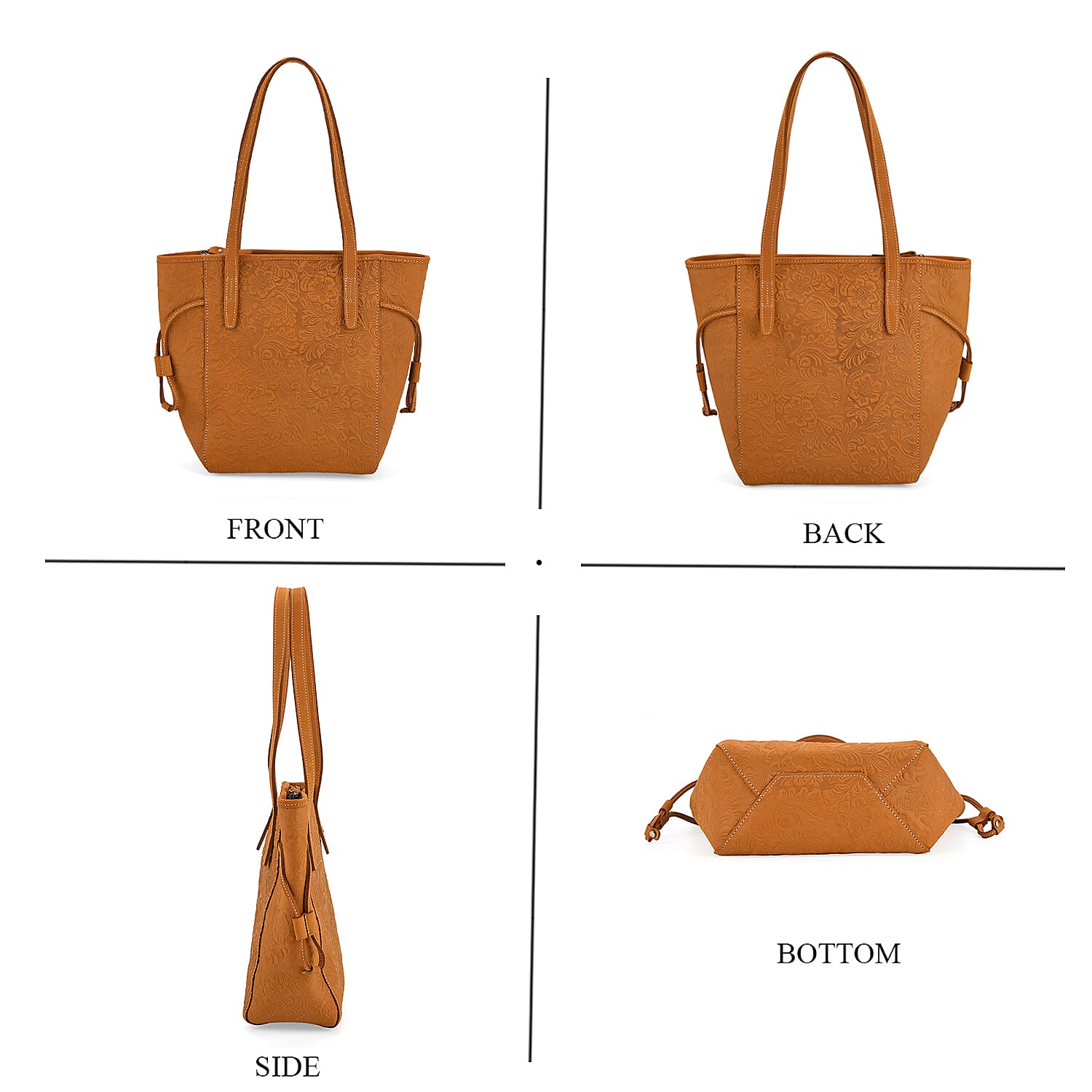 100% Geniune Leather Floral Embossed Tote Bag - Mustard