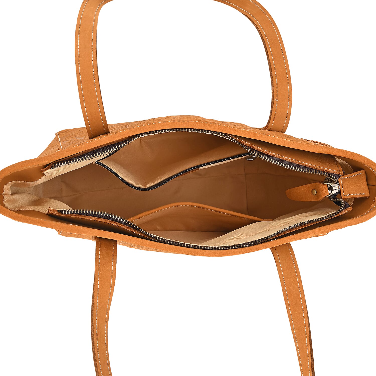 100% Geniune Leather Floral Embossed Tote Bag - Mustard