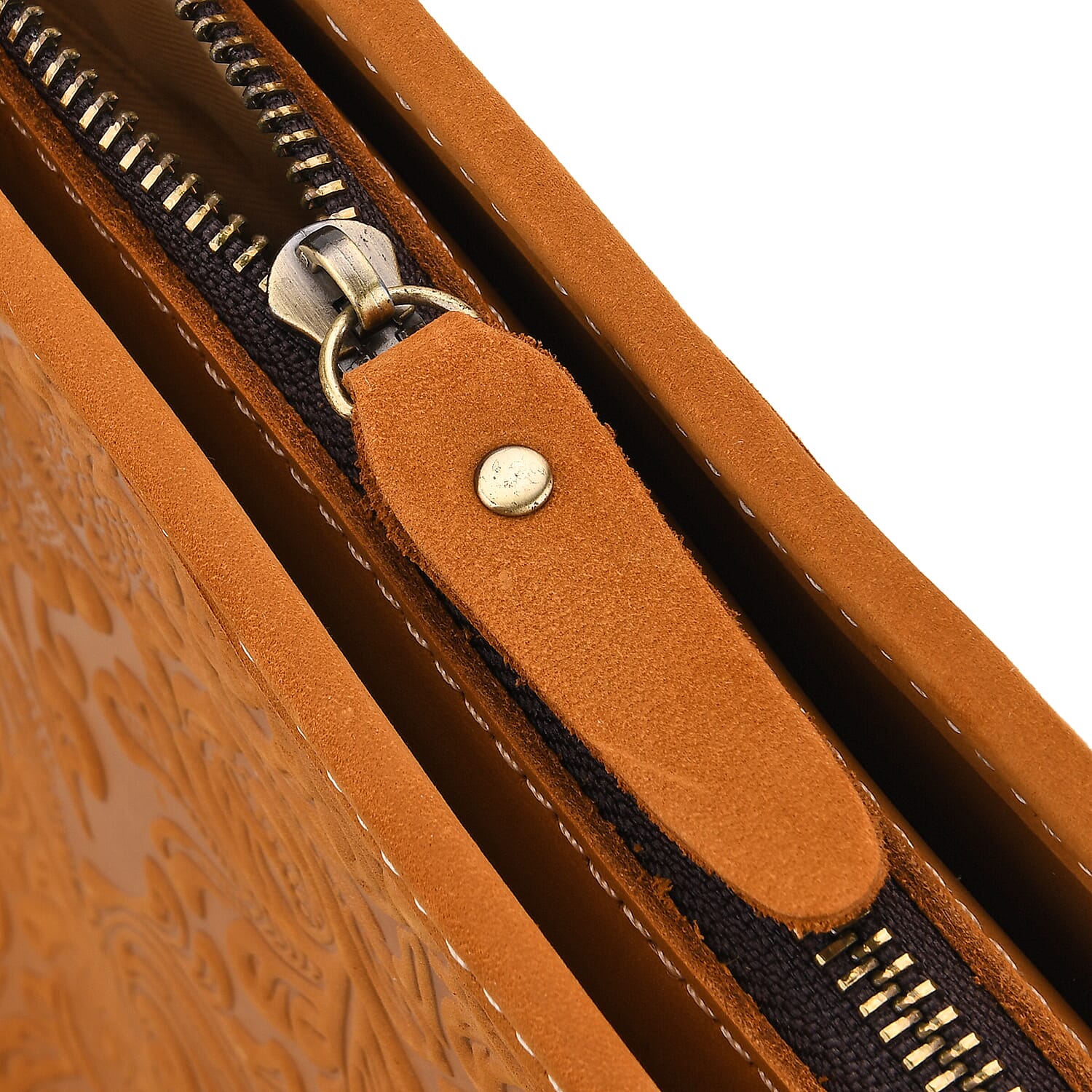 100% Geniune Leather Floral Embossed Tote Bag - Mustard