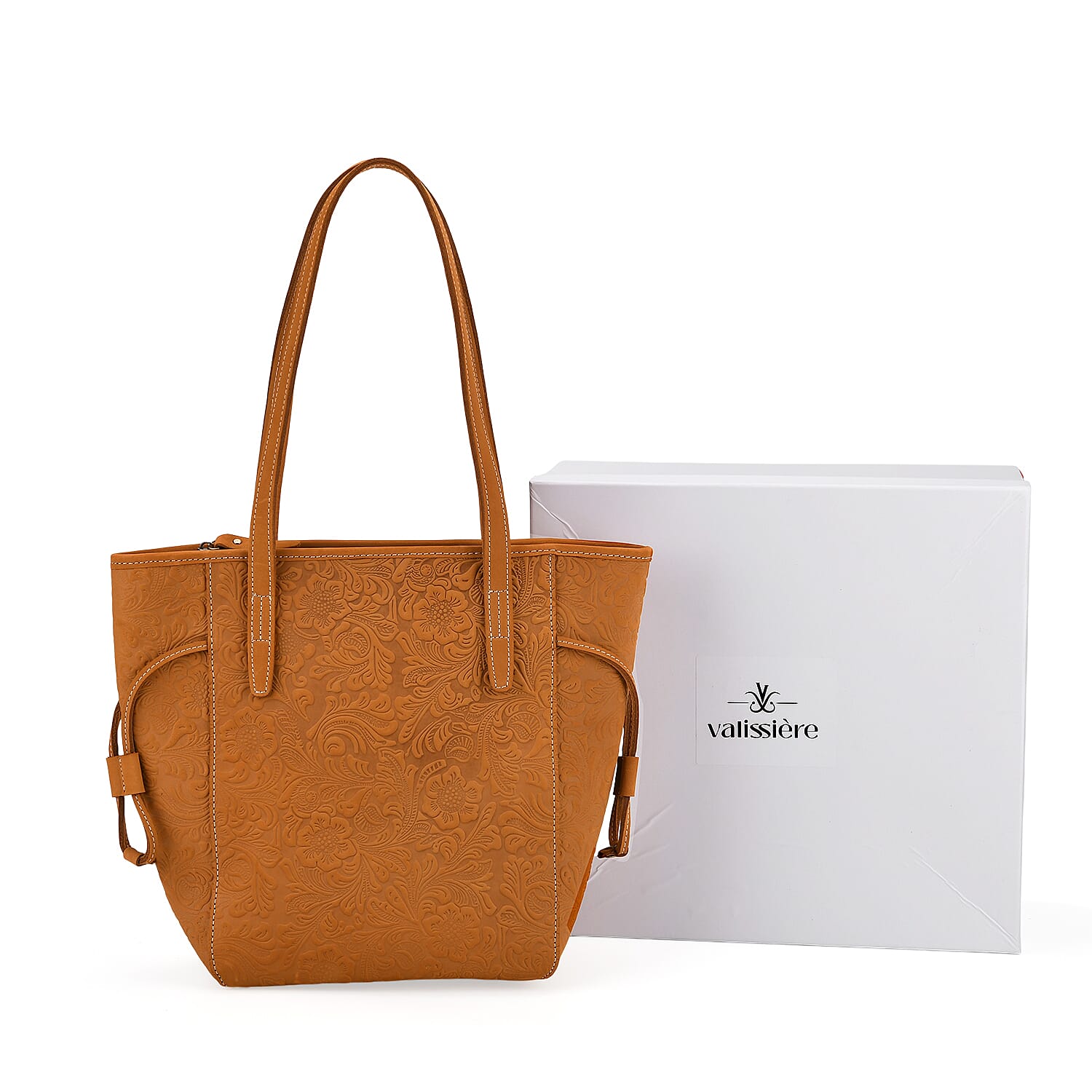 100% Geniune Leather Floral Embossed Tote Bag - Mustard