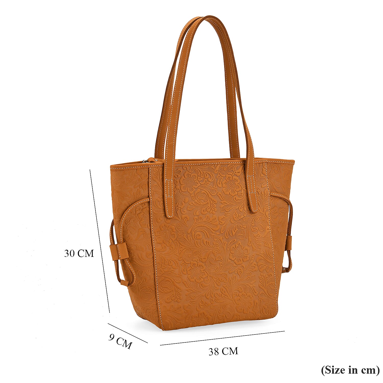 100% Geniune Leather Floral Embossed Tote Bag - Mustard