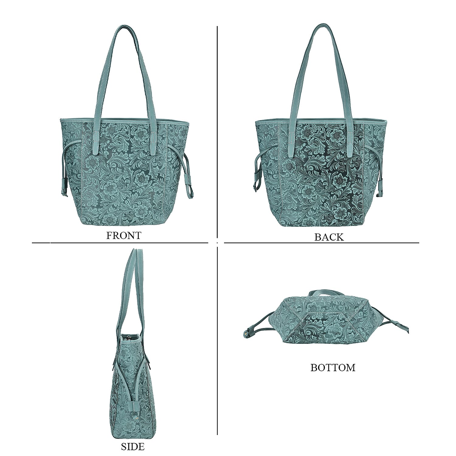 100% Geniune Leather Floral Embossed Tote Bag - Green