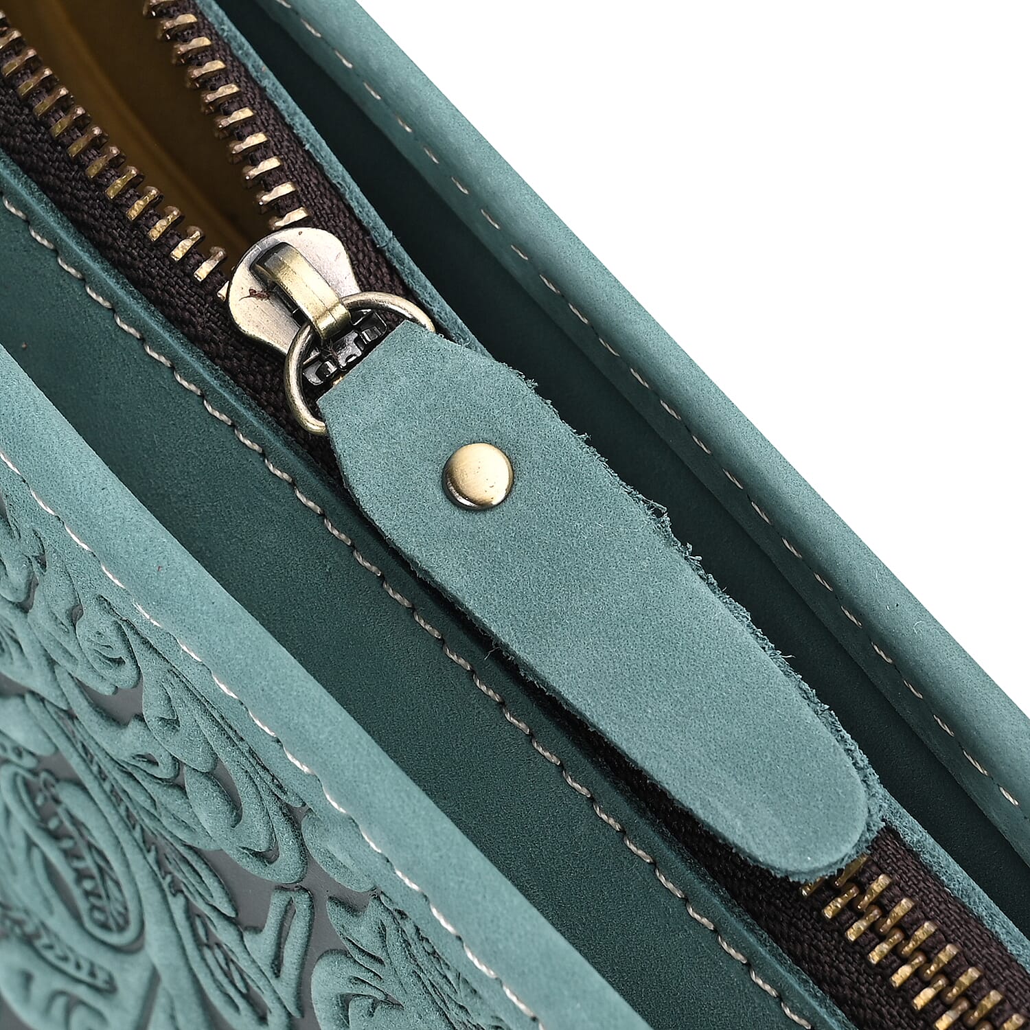 100% Geniune Leather Floral Embossed Tote Bag - Green