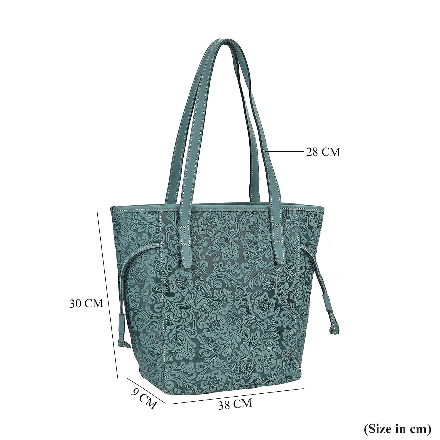 100% Geniune Leather Floral Embossed Tote Bag - Green