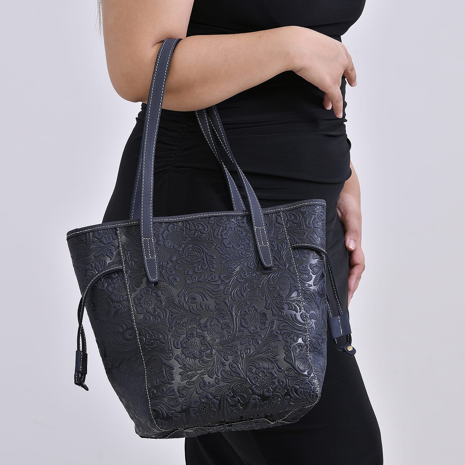 100% Geniune Leather Floral Embossed Tote Bag - Navy