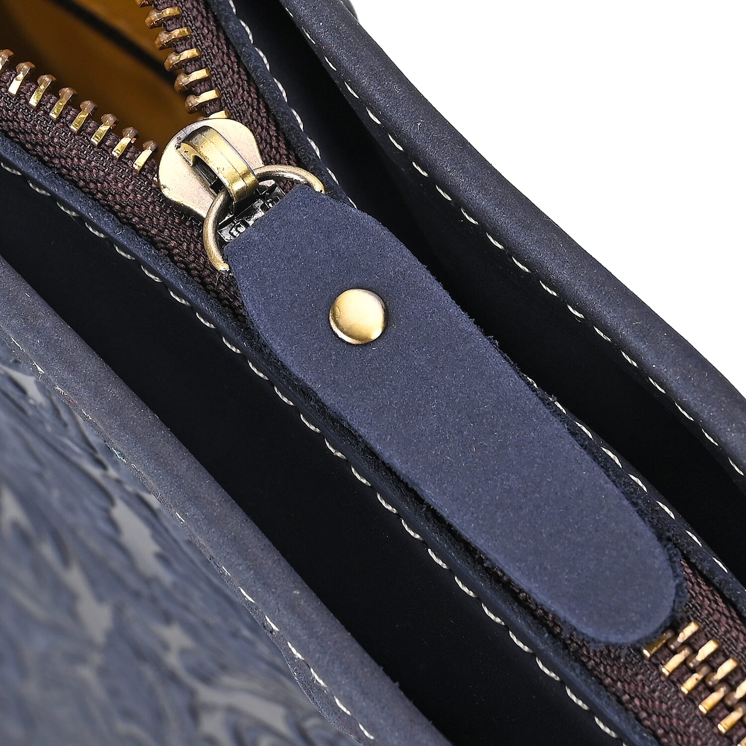 100% Geniune Leather Floral Embossed Tote Bag - Navy