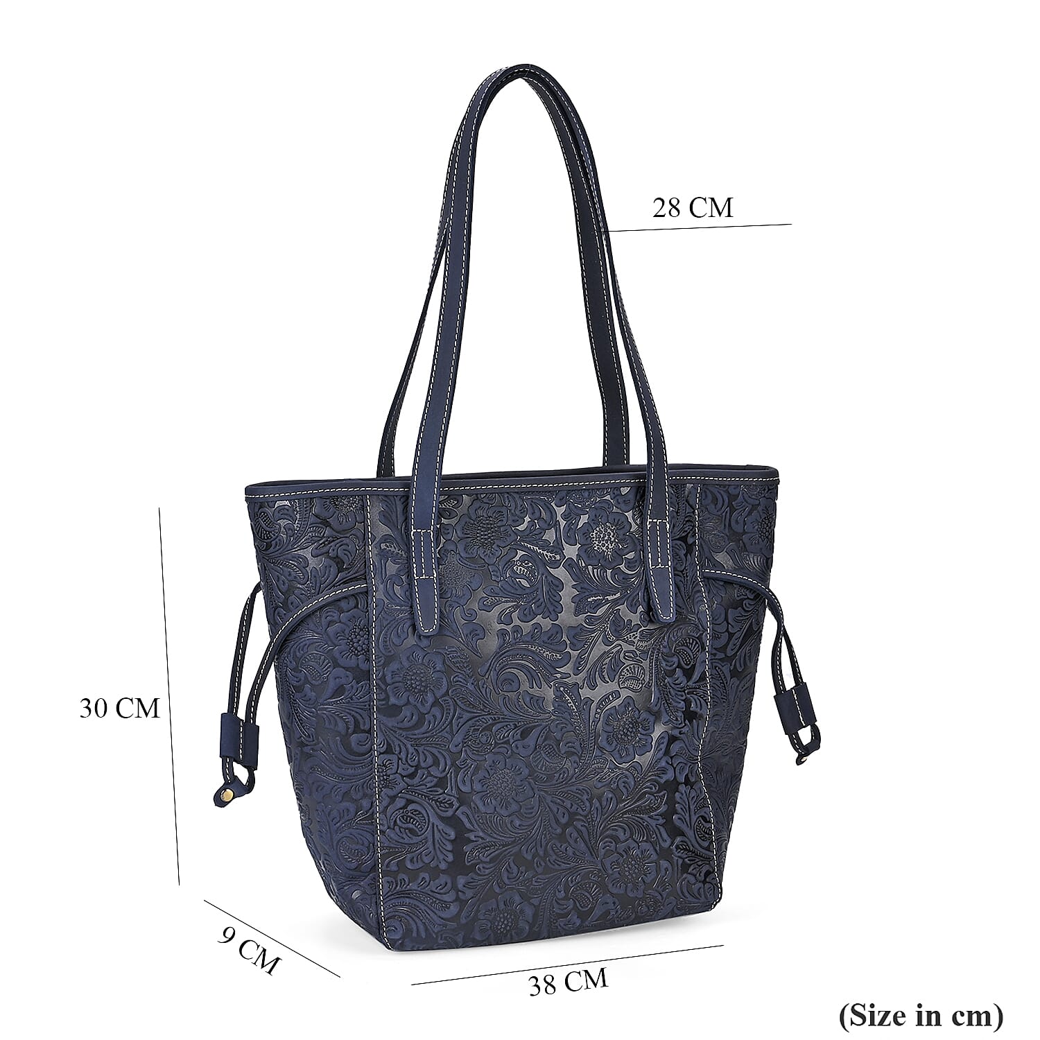 100% Geniune Leather Floral Embossed Tote Bag - Navy