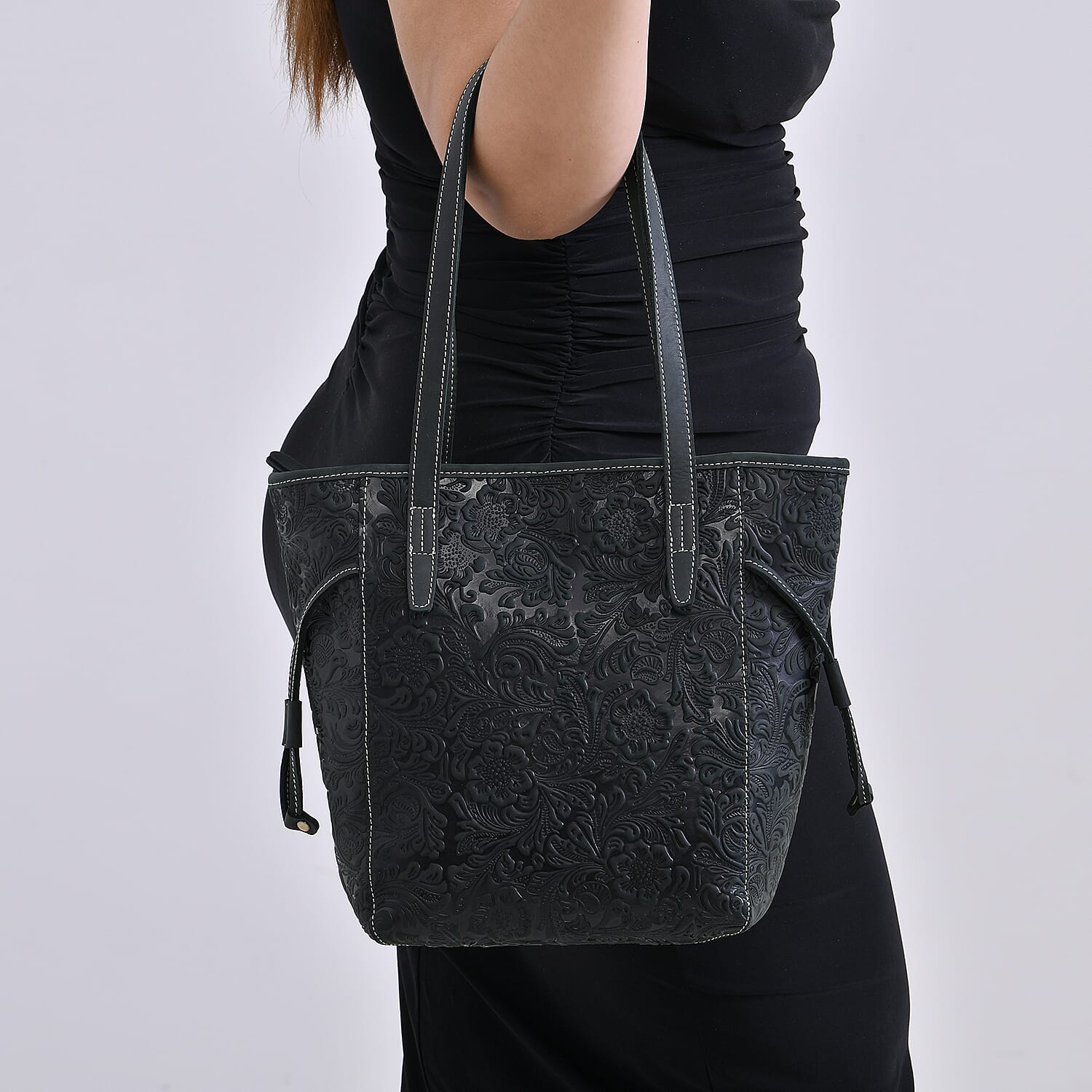 100% Geniune Leather Floral Embossed Tote Bag - Dark Green