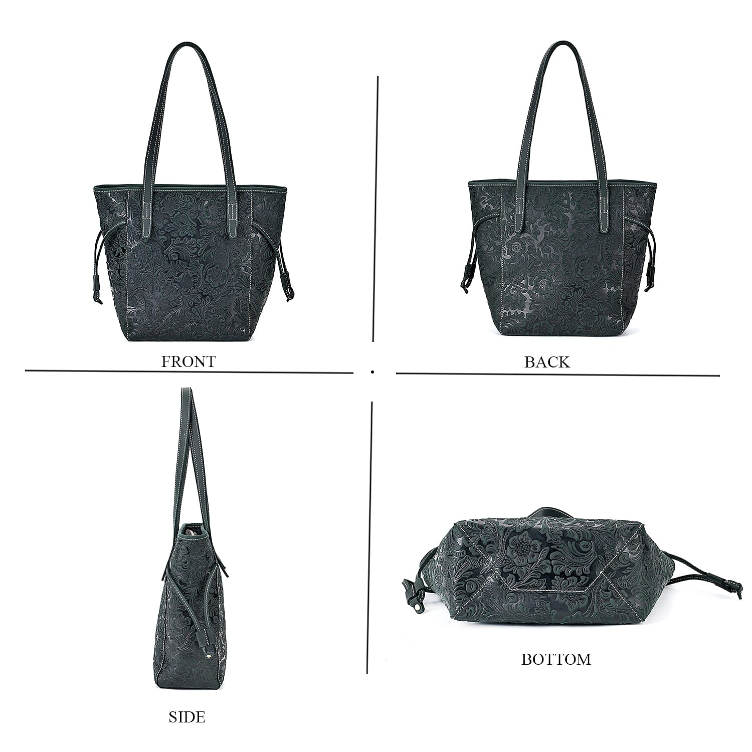 100% Geniune Leather Floral Embossed Tote Bag - Dark Green