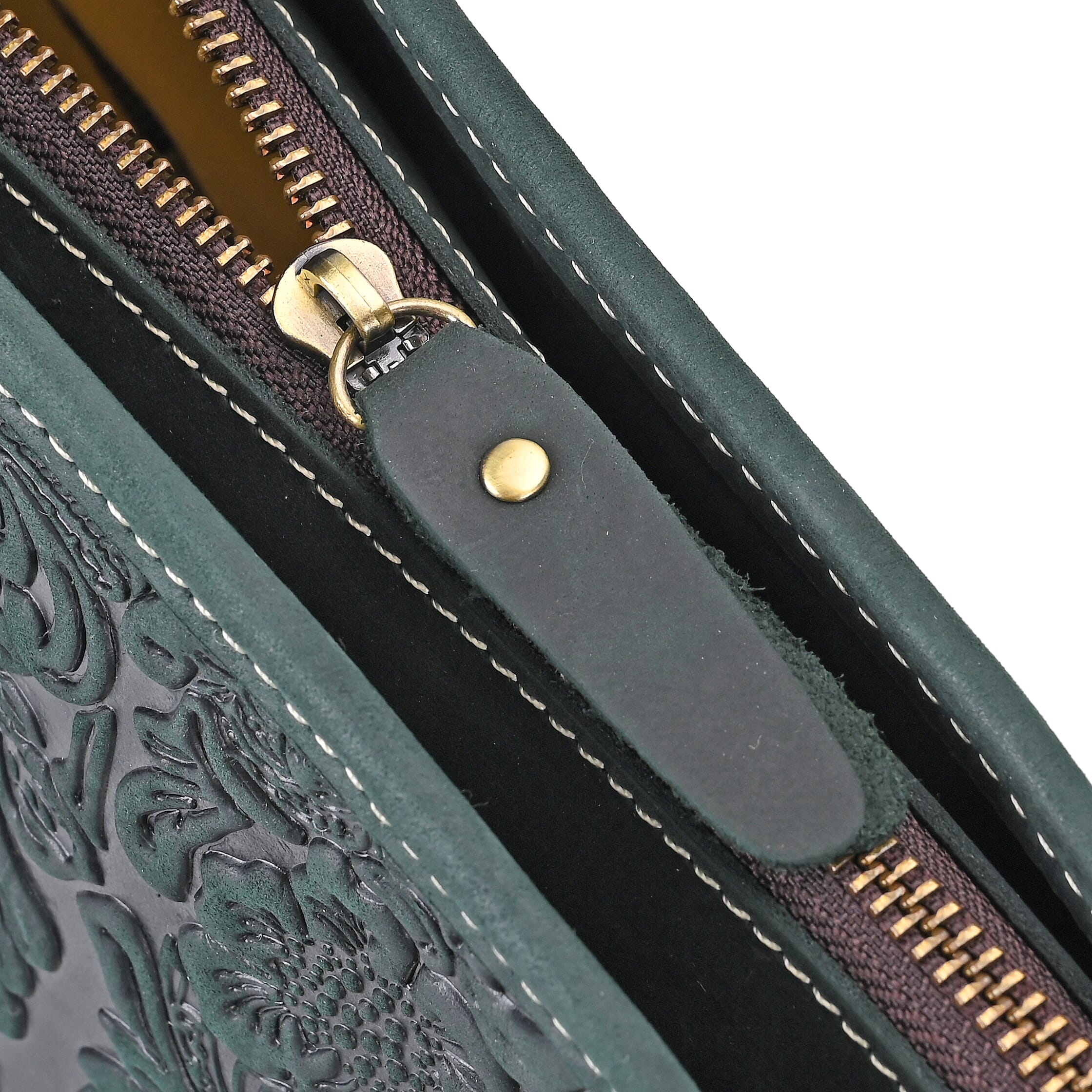 100% Geniune Leather Floral Embossed Tote Bag - Dark Green