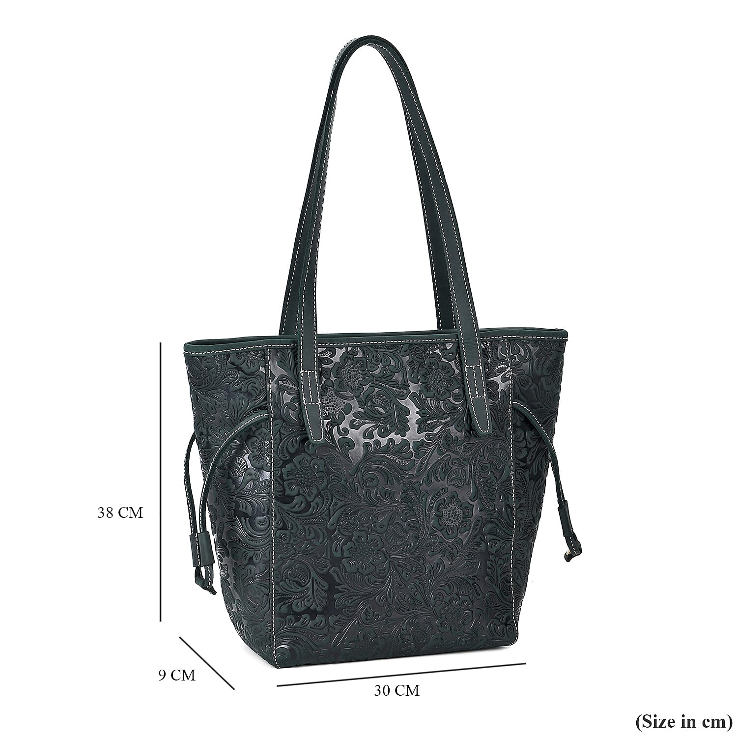 100% Geniune Leather Floral Embossed Tote Bag - Dark Green