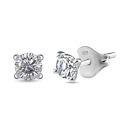 Moissanite Solitaire Stud Earrings in Platinum Overlay Sterling Silver