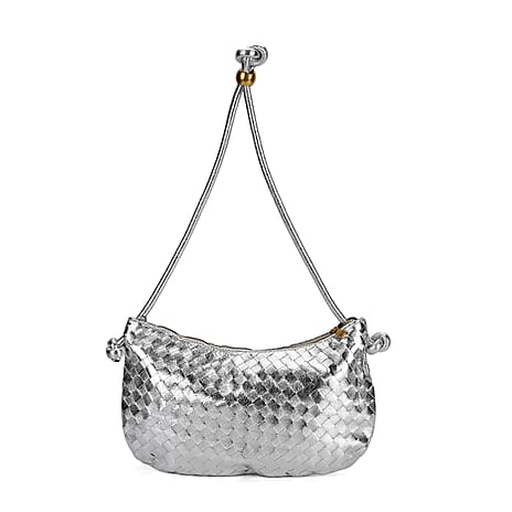 Leatherette Weave Pattern Crossbody Bag - Silver