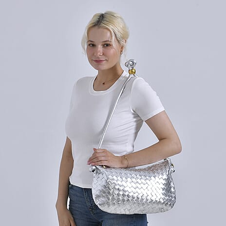 Leatherette Weave Pattern Crossbody Bag - Silver