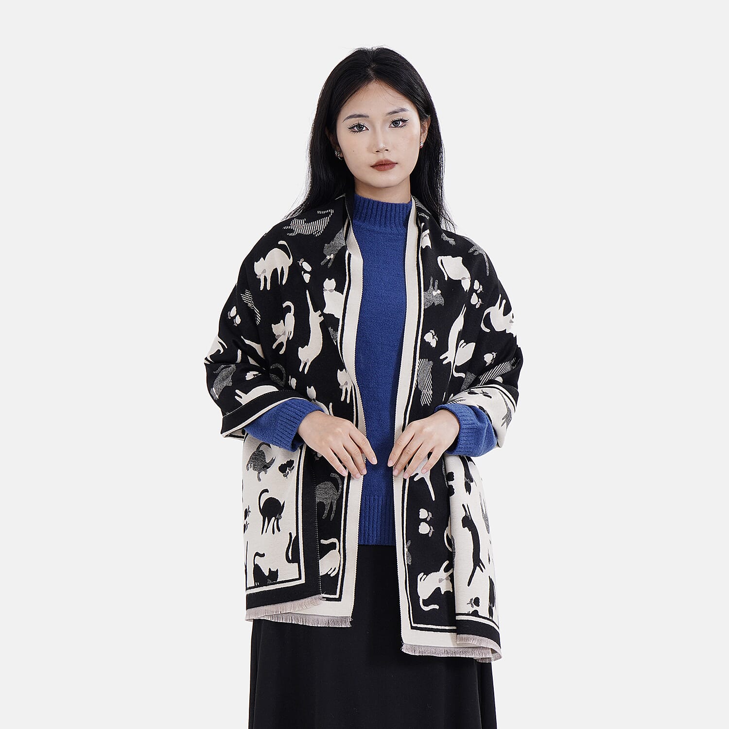 Closeout Deal Super Soft Cat Print Shawl - Black & Beige