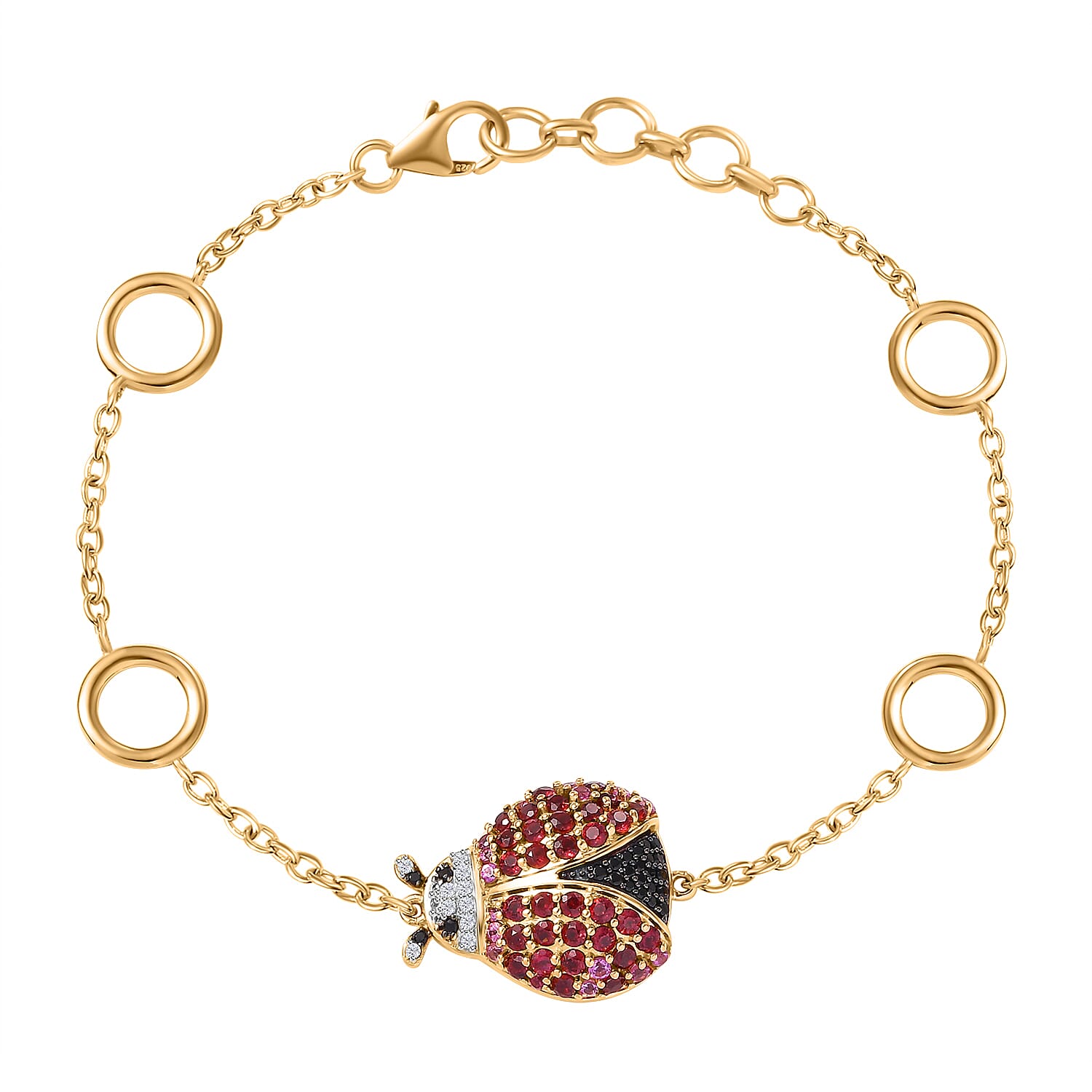 GP Italian Garden Collection - Lady Luck Rose & Lotus Garnet, Black Spinel & Zircon Ladybug Bracelet (Size 7.5) in 18K Gold Vermeil Sterling Silver