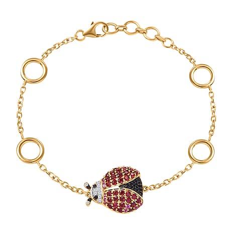 GP Italian Garden Collection - Lady Luck Rose & Lotus Garnet, Black Spinel & Zircon Ladybug Bracelet (Size 7.5) in 18K Vermeil Yellow Gold Plated Sterling Silver 2.36 Ct