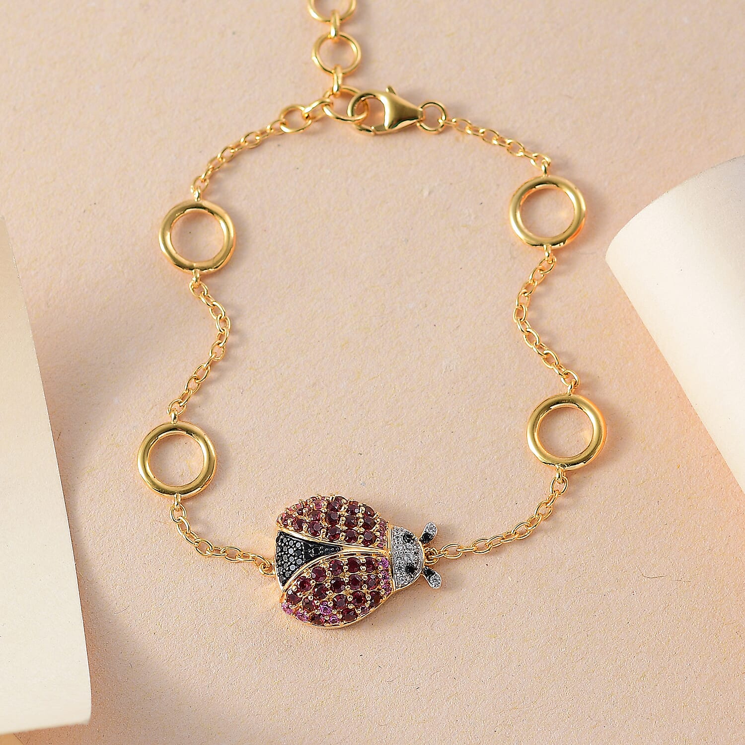 GP Italian Garden Collection - Lady Luck Rose & Lotus Garnet, Black Spinel & Zircon Ladybug Bracelet (Size 7.5) in 18K Gold Vermeil Sterling Silver